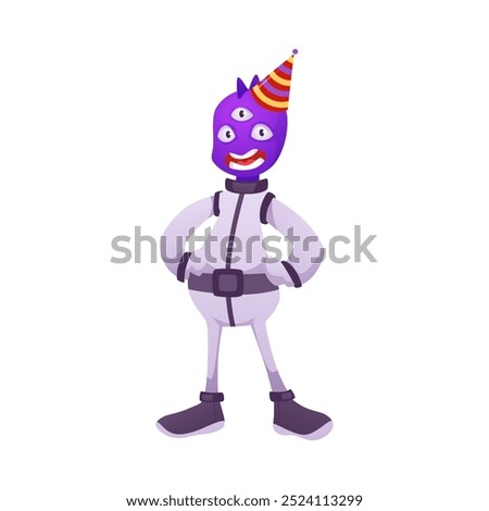 Friendly alien character in spacesuit and festive cone hat. Cheerful humanoid, funny mutant astronaut with three eyes. Vector cartoon kids game fantasy cosmic monster creature, UFO guest isolated