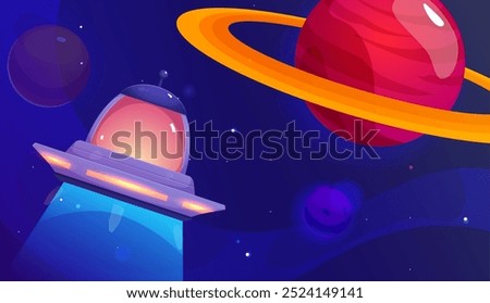 Unidentified flying object UFO on space landscape. Alien spaceship traveling in universe. Cartoon extraterrestrial spacecraft and Saturn planet. Fantasy alien galaxy game vector background