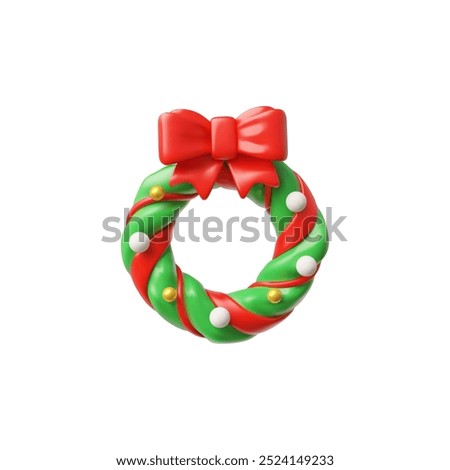 Vector 3d illustration of a Christmas wreath in a plastic cartoon style. Green wreath decorated with red ribbon with a bow on an isolated white background. Happy New Year and Merry Christmas.