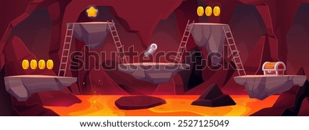 Fantasy cave landscape with blazing magma and rocks platforms with award achievements. Cartoon illustration of hot lava and prizes key, coins, stars and treasure chest. Vector game hell tunnel