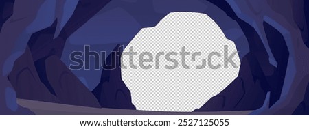 Stone cave entrance vector background, view from cave or tunnel on hole, mine frame inside view. Cartoon cave landscape with a blank center, place for text. Empty underground tunnel rocky border