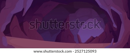 Stone cave vector rocky background. Cartoon grey cave landscape. Empty underground tunnel. Fantasy mine for game level ui design.