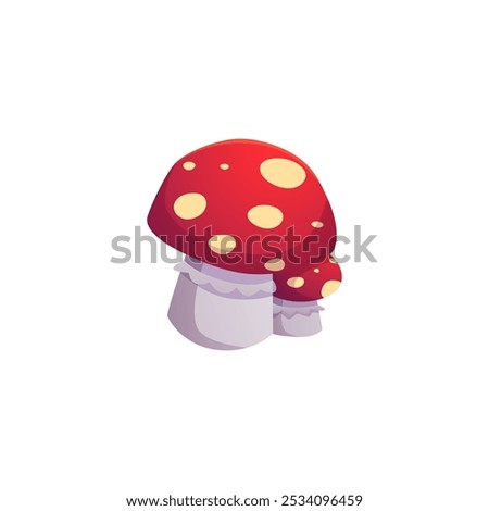 Vector illustration of two mushrooms, which depicts a fly agaric with a red hat with a pattern of white spots. This design shows off a poisonous toadstool