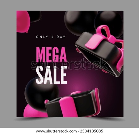 3D open black gift box with pink ribbon bow from an inflated balloon and black balloons on vector poster. Black Friday or Mega sale only 1 day special offer banner. Realistic volume marketing design