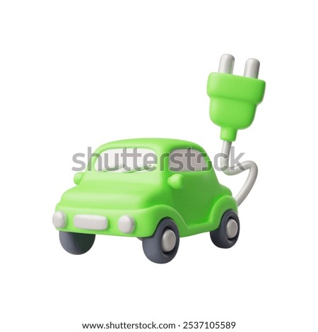 3D retro car green. Cord with plug. Passenger electric car. Charging the battery. Energy. Preservation of the environment. Realism. Travel, tourism. Vector illustration isolated on white background.