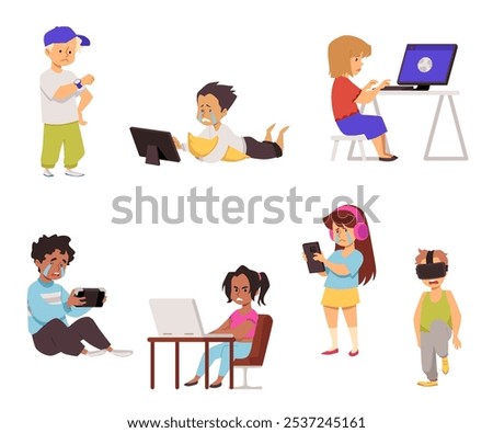 Upset kids with gadgets. Crying boys and girls with laptop, tablet, smartphone and vr glasses. Cartoon digital technologies vector set. Unhappy children using smart devices to play game, watch video