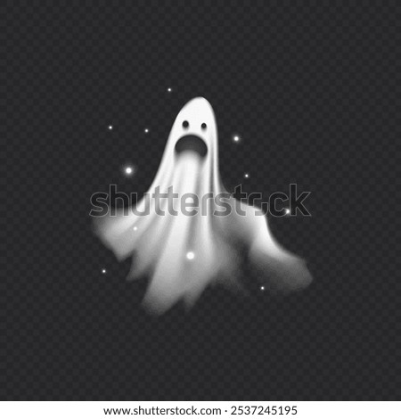 Vector illustration of flying screaming realistic ghost with small glowing particles. Ghost icon on transparent dark background for Halloween. Foggy spirit effect with creepy face.