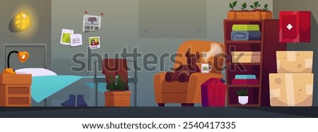 Underground bunker bedroom room interior. Vector cartoon basement hopper shelter concrete walls. Closet storage, bed, potted plants, first aid kit, chair with teddy bear and hot drink