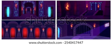 Set of scary dark dungeons. Resident Evil. Dark empty castle rooms with burning torches, arched doors with red and blue light. Magic symbols. Lair of demons. Game background. Vector illustration.