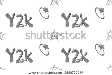 Vector 3D illustration of seamless background with Y2K liquid chrome font and stars with rings. Abstract endless retro pattern for textile, wallpaper or paper. Fashionable 2000s era.