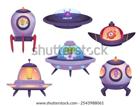 A set of vector UFO spaceships, including lights, rockets, engines. Green, yellow, red and purple aliens with three eyes and antennae wave amiably from the ship