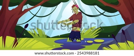 Zombie standing in the swamp. Fantasy rainforest lake or river marsh jungle with walking dead. Horror forest with a pond, reeds, trees, sky with clouds cartoon game background