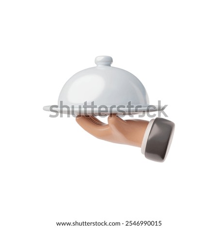 Waiter tray platter with closed lid holding by hand. 3D cartoon plastic style icon. Restaurant service. Vector render illustration isolated. White tray with cover restaurant dish delivery utensil