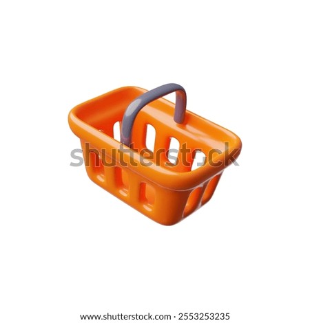 A 3D shopping cart. An empty orange plastic basket, top view on a white background. The icon for retail and business concepts of grocery stores and supermarkets