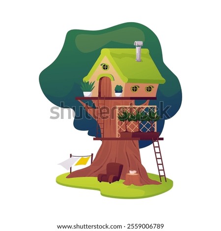 Vector illustration of a treehouse with a staircase, flower beds with plants and an armchair on a white background. Icon for the design of the game interface