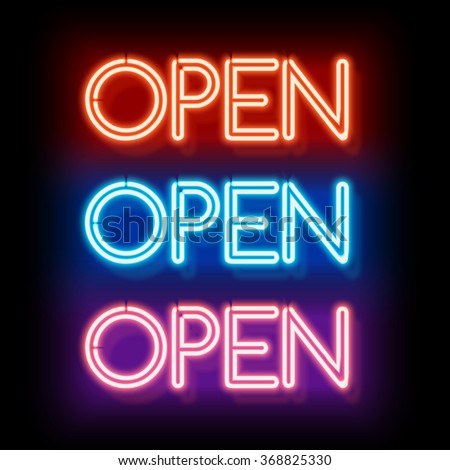 Neon sign Open. Inscription to login. Electric lamp in the form of words. Retro sign for the club on black background. Red, blue, violet light in the form of text. Vector illustration