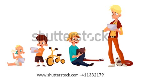 Children boy of different ages played in tablet and did not play in street, vector cartoon concept of todays children, children sit and chat on Internet, four boy looking at smartphone, kids phone