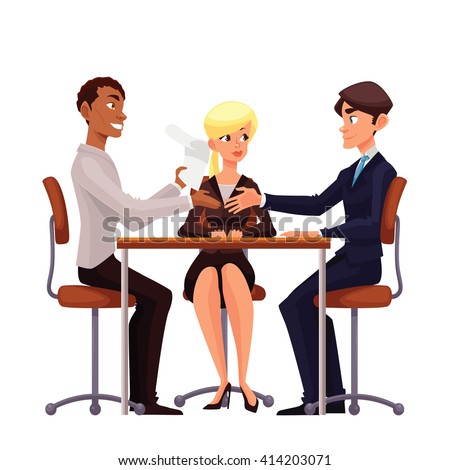 Talks at table, vector comic cartoon on a white background, a job interview, discuss important issues of a corporate, Young businessmen handshaking after negotiation,  offering his partner 