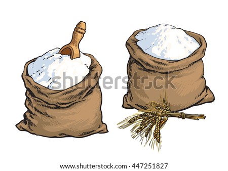 Wholemeal bread flour bags with wooden scoop and wheat ears, sketch style vector illustration isolated on white background. Set of two wheat bread flour sacks