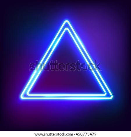 Neon abstract triangle. Glowing frame. Vintage electric symbol. Burning a pointer to a black wall in a club, bar or cafe. Design element for your ad, sign, poster, banner. Vector illustration