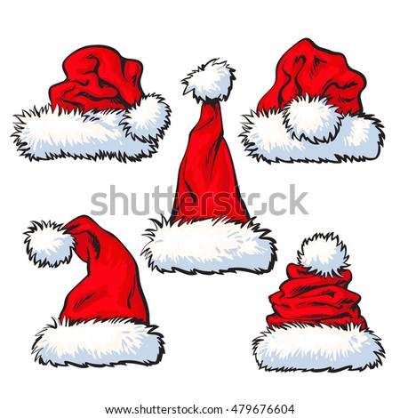 Set Of Red Santa Claus Hats, Sketch Style Vector Illustration Isolated ...