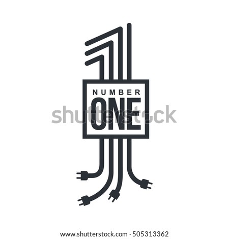 Black and white number one logo formed by electric cables with plugs, vector illustrations isolated on white background. Graphic number one logo for technological and electrical utility companies