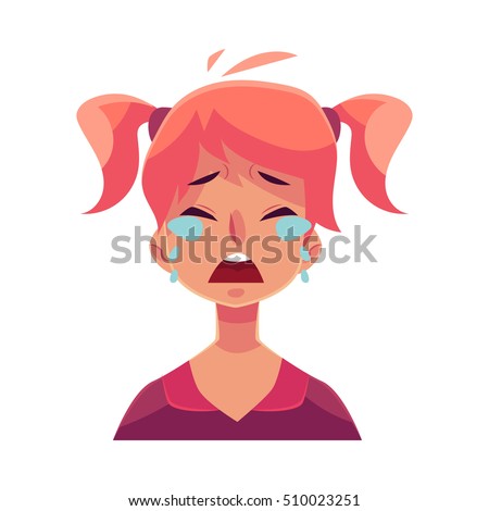 Teen girl face, crying facial expression, cartoon vector illustrations isolated on white background. Red-haired girl emoji face crying, shedding tears, sad, heart broken, in grief.