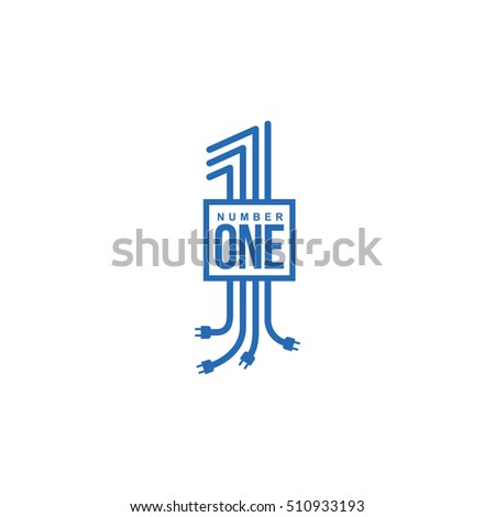 blue and white number one logo formed by electric cables with plugs, vector illustrations isolated on white background. Graphic number one logo for technological and electrical utility companies