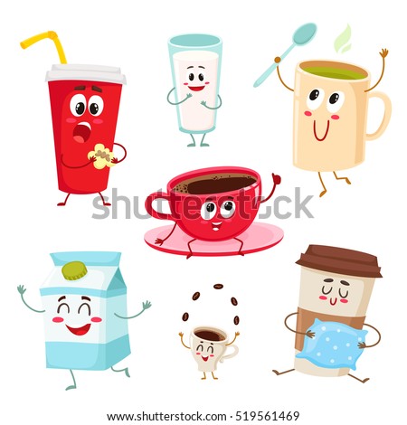 Set of funny milk, coffee, tea cup, glass, mug characters, cartoon style vector illustration isolated on white background. Cute mugs, glasses, cups with tea, coffee, milk, soda drinks