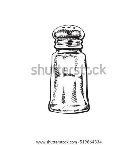 Hand drawn salt mill, shaker, grinder, sketch style vector illustration isolated on white background. Drawing black and white of salt grinder, shaker or mill, side view, colorful illustration