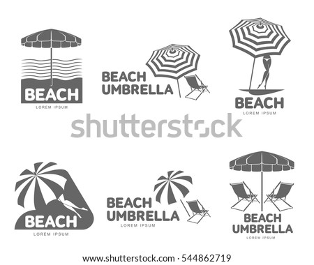 Logo templates with beach umbrella and sun bathing lounge chairs, vector illustration isolated on white background. Black and white graphic logotypes, logo templates with sunshade umbrellas