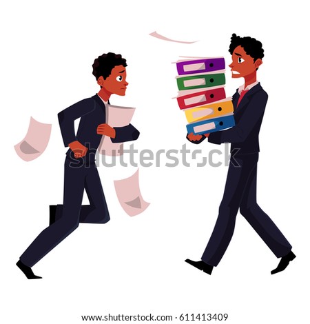 Black businessman, manager in stressful business situations, harrying, running, carrying documents, cartoon vector illustration isolated on white background. Black distressed, anxious businessman