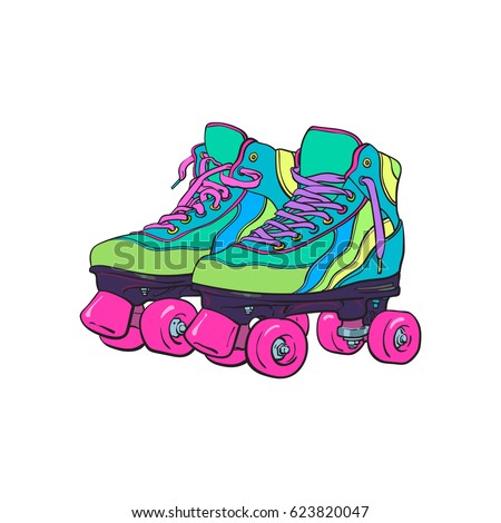 Pair of vintage, retro quad roller skates, sketch style, hand drawn illustration isolated on white background. Realistic hand drawn, sketch style pair of colorful quad roller skates with pink laces