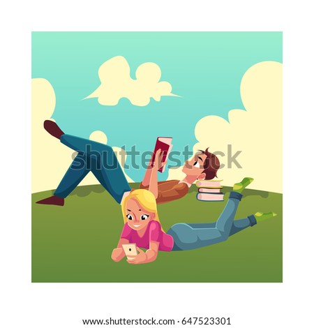 Boy, man reading book and woman playing with smartphone, using mobile phone, lying on her stomach on the grass, cartoon vector illustration isolated on white background. Man and woman reading book