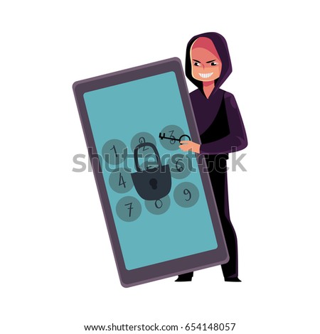 Hacker in black hoodie breaking phone, smartphone pin code, cracking screen lock, cartoon vector illustration isolated on white background. Hacking, breaking, cracking phone screen lock, pin code