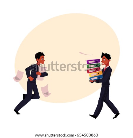 manager in stressful business situations, harrying, running, carrying documents, cartoon vector illustration with space for text. Black distressed, anxious businessman