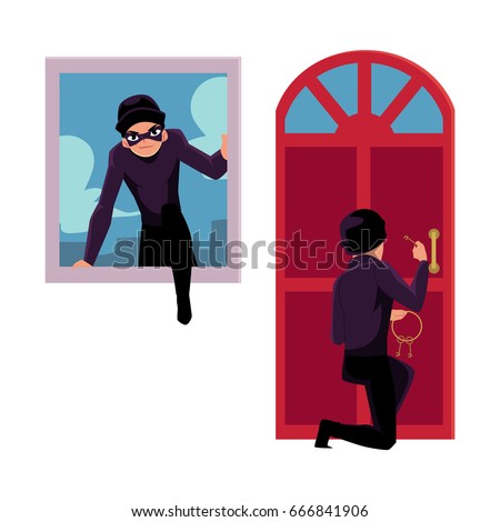 Thief, burglar breaking in house through front door and window, cartoon vector illustration isolated on white background. Burglar, thief breaking into house by snapping door lock, climbing in window