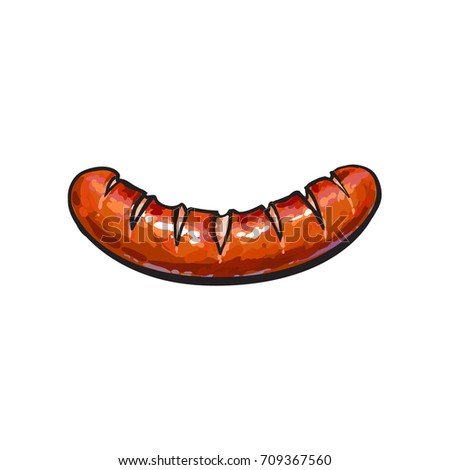 Freshly grilled, barbequed processed meat sausage, sketch style vector illustration on white background. Realistic hand drawing of German sausage grilled, fried on open fire, BBQ, picnic food