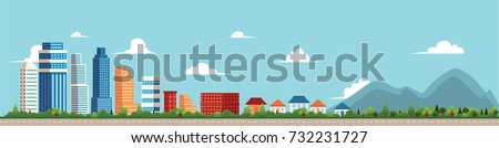 vector flat cartoon panorama - cityscape with different buildings - office center, then comes private houses, cottage with parks and mountines. Illustration on blue background