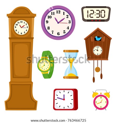 Set of clocks and watches - alarm, tower, cuckoo, wristwatch, hourglass, cartoon vector illustration isolated on white background. Set of alarm and cuckoo clock, hourglass, tower and wristwatch icons