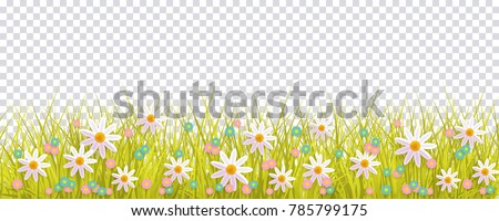 Spring grass and flowers border, Easter greeting card decoration element, flat vector illustration isolated on transparent background. Easter decoration element with spring grass and meadow flowers