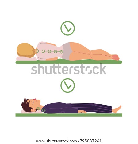 Correct neck and spine alignment of young cartoon man and woman character sleeping with back, side sleeping posture. Healthy sleeping positions. Back, spine care concept. Vector isolated illustration