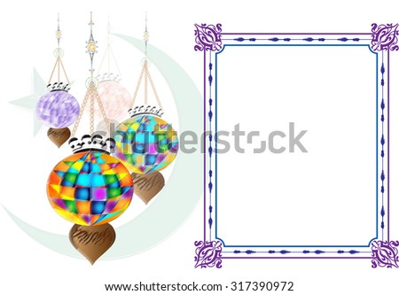 Islamic muslim background with vigil lamps, half moon and blank text box. Background or poster.
