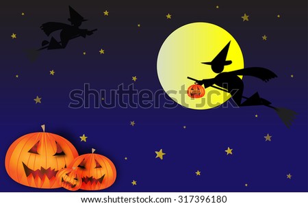 Three carved pumpkins Jack O\'lantern on a Halloween night, with witches flying over the Moon