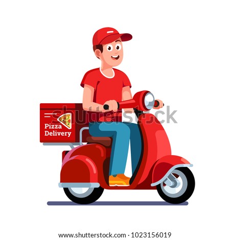 Smiling pizza delivery courier boy delivering pizza on retro scooter with trunk case box. Delivery man riding on motor moped. Flat vector character illustration isolated on white background.