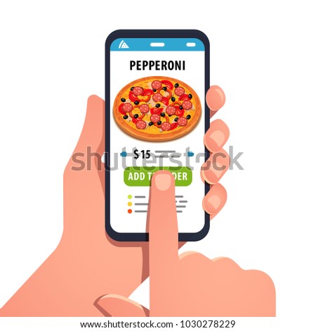 Choosing pizza on mobile smart phone app. Tapping on the screen making pizza delivery order in convenient application. Smartphone fast food online ordering. Flat style isolated vector illustration.