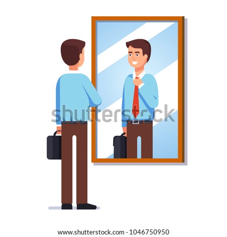 Young business man looking at his reflection in wall mirror fixing necktie. Corporate business employee getting ready for work. Flat style isolated vector illustration on white