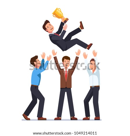 Business man team tossing in the air winner holding golden cup trophy first prize. Group of business people celebrating victory achievement throwing colleague up in the air. Flat vector illustration