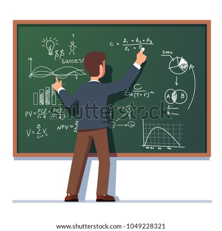 Business school professor teaching explaining and writing formula on chalkboard. Business man teacher standing at class blackboard. Flat style isolated vector character illustration