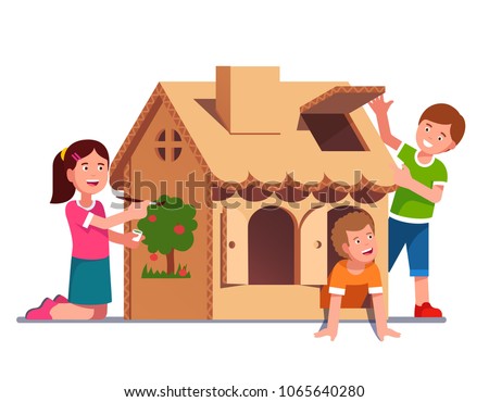 Kids painting cardboard box toy wendy house together. Boys and girl playing in and out of toy home. Flat style isolated vector character illustration